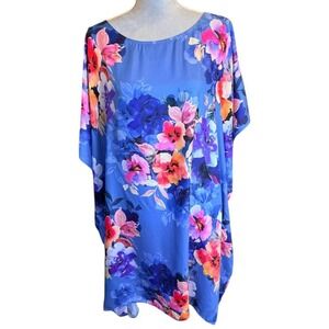JOHNNY WAS Summer Days Floral Print‎ Blue Silk Rayon Kaftan Dress Tunic S
